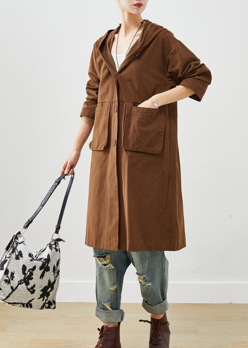 Choklad Bomull Trench Hooded Fickor Fall - Trenchcoats för kvinnor