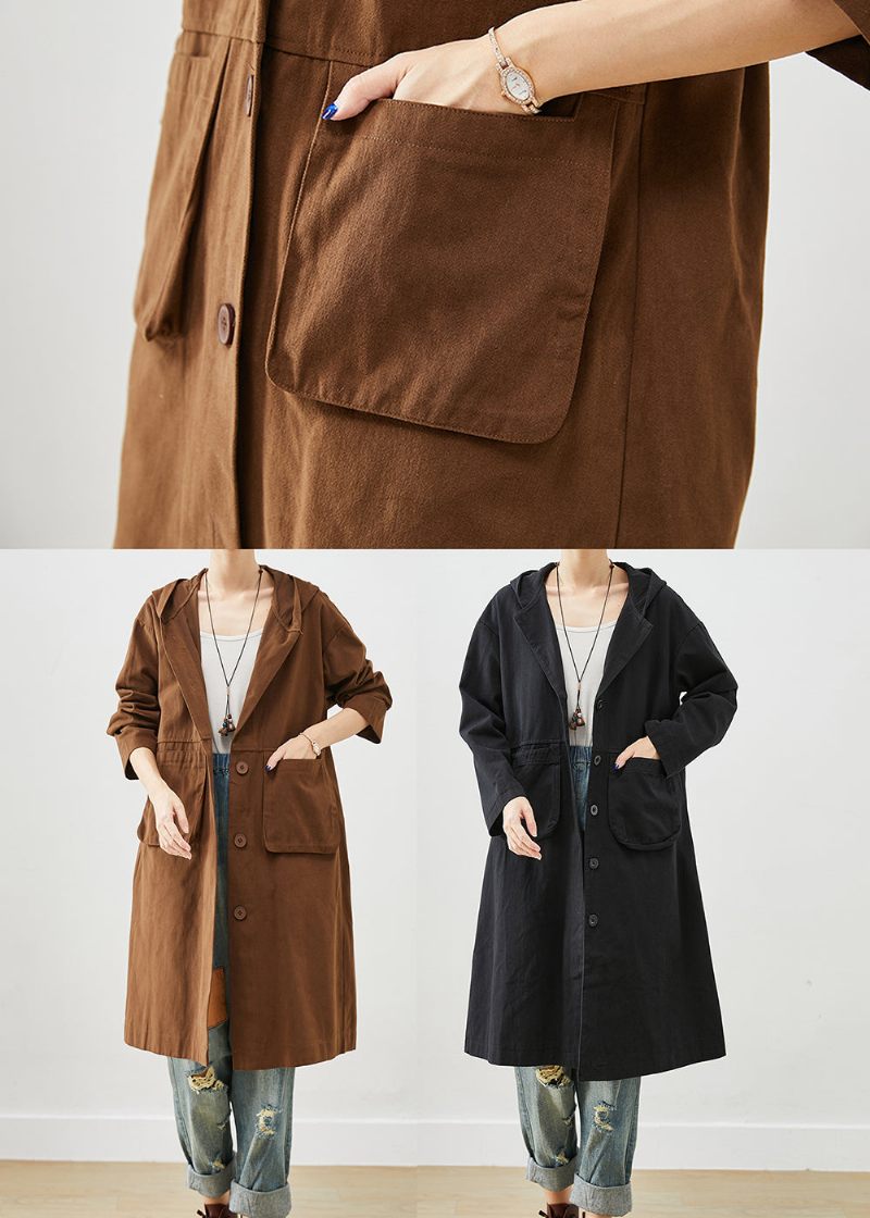 Choklad Bomull Trench Hooded Fickor Fall - Trenchcoats för kvinnor