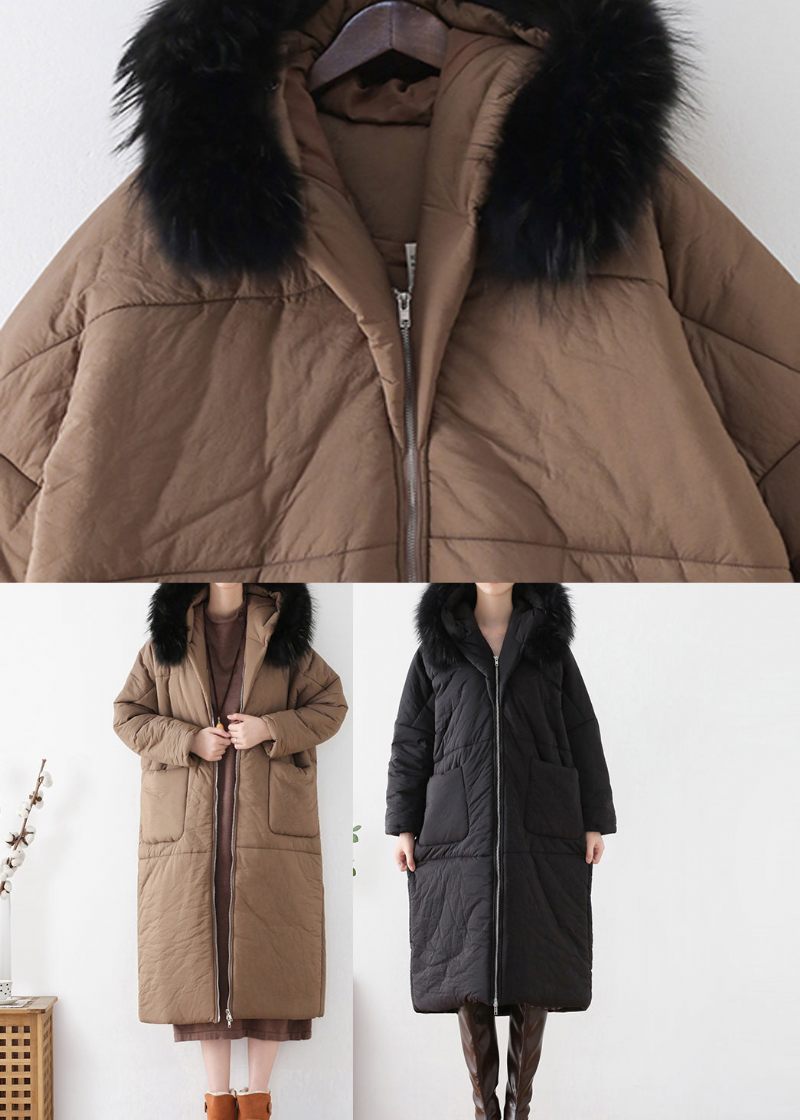 Choklad Dragkedja Med Tjock Huva Maxi Parka Winter - Kaffe