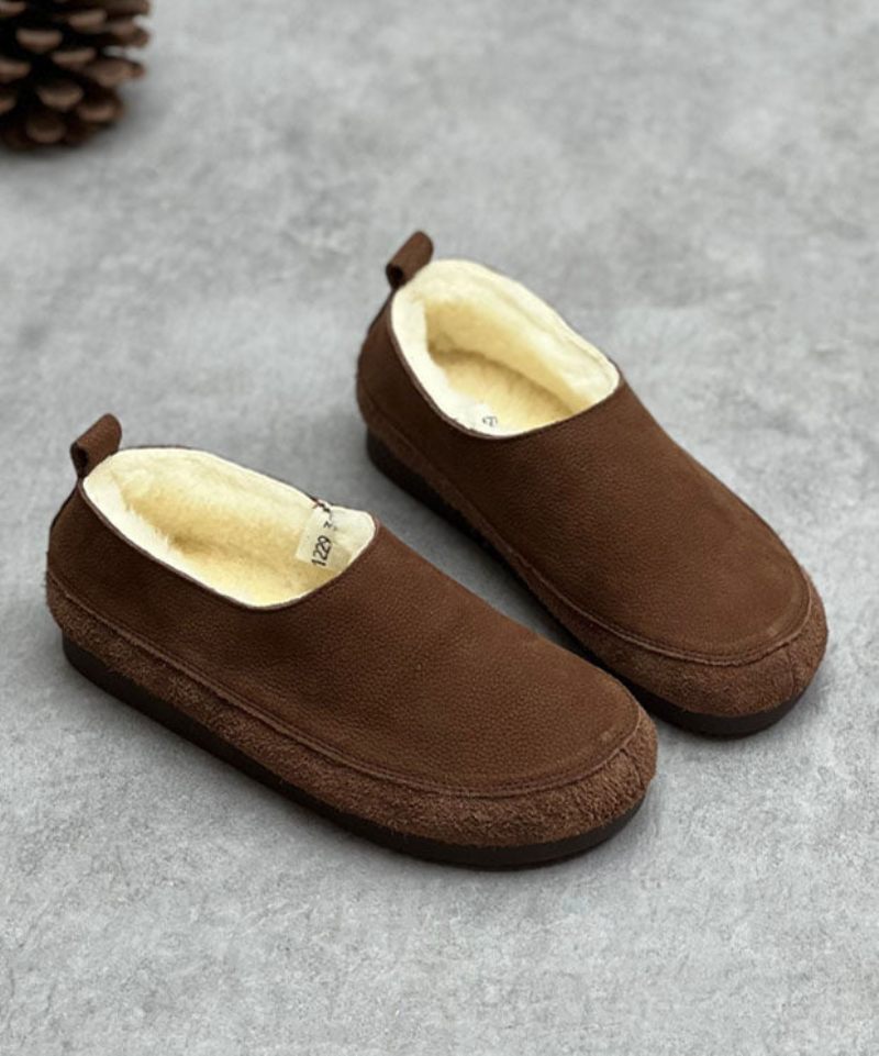 Choklad Flats Kohud Läder Casual Fuzzy Wool Fodrade - Kaffe