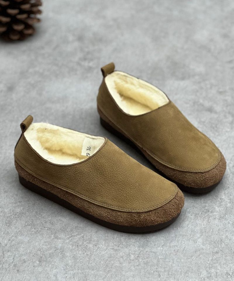 Choklad Flats Kohud Läder Casual Fuzzy Wool Fodrade - Kaffe