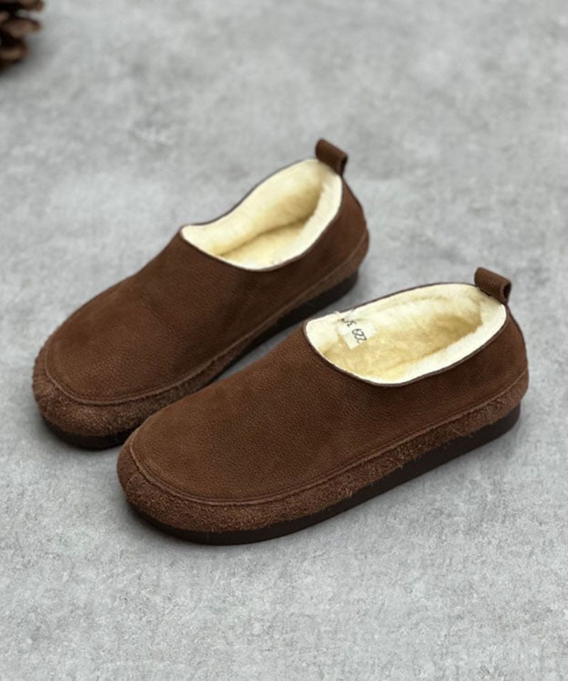 Choklad Flats Kohud Läder Casual Fuzzy Wool Fodrade - Kaffe