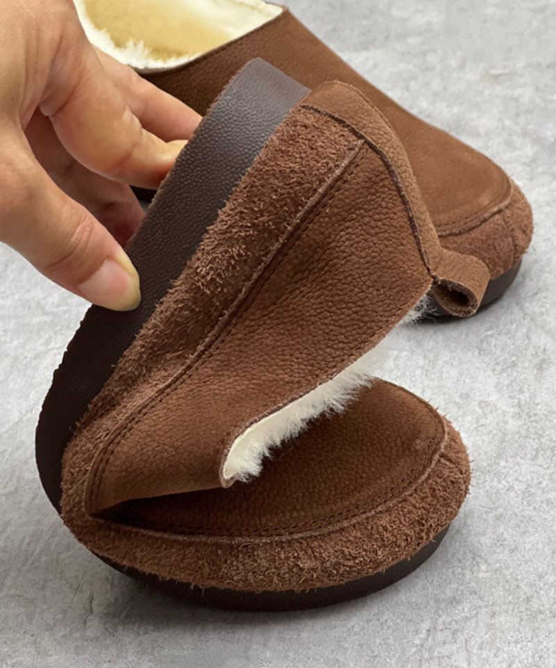 Choklad Flats Kohud Läder Casual Fuzzy Wool Fodrade - Kaffe