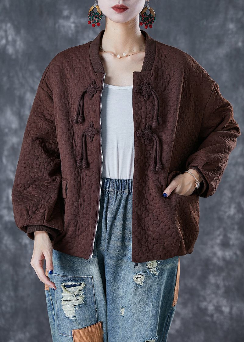 Choklad Jacquard Bomullsjacka Tofsad Oversized Fall - Vinterkappor för kvinnor