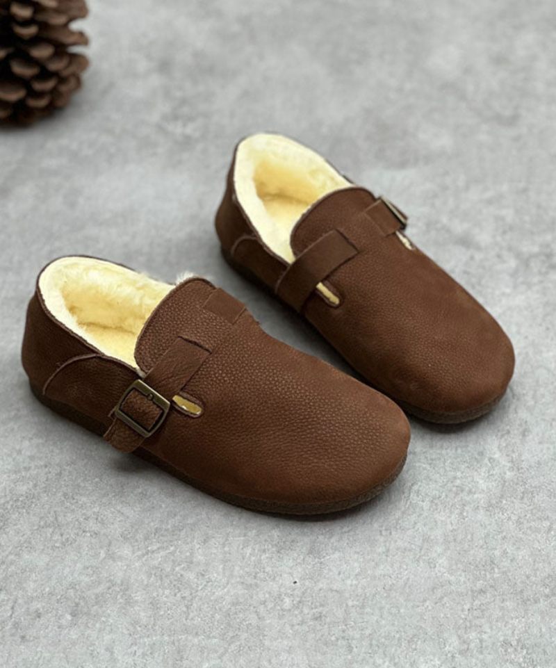 Choklad Kohud Läder Flats Fuzzy Wool Fodrade Comfy Spänne Strap - Kaffe