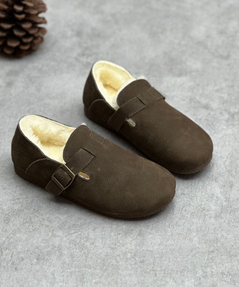 Choklad Kohud Läder Flats Fuzzy Wool Fodrade Comfy Spänne Strap - Kaffe