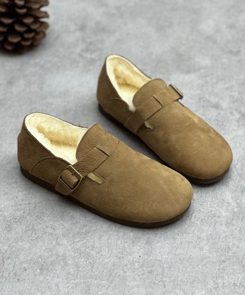 Choklad Kohud Läder Flats Fuzzy Wool Fodrade Comfy Spänne Strap - Kaffe