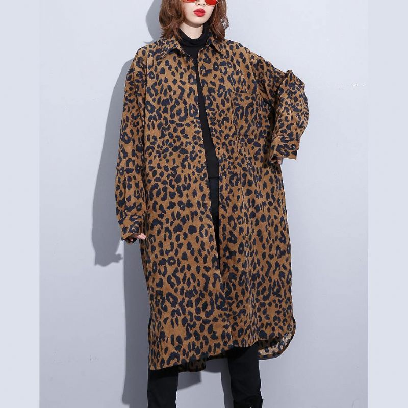 Choklad Leopard Kappa Plus Size Klädklänning Sida Öppen Casual Turn-down Krage Knapp