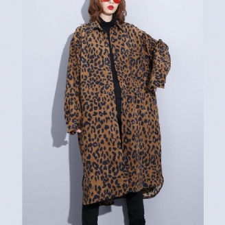 Choklad Leopard Kappa Plus Size Klädklänning Sida Öppen Casual Turn-down Krage Knapp