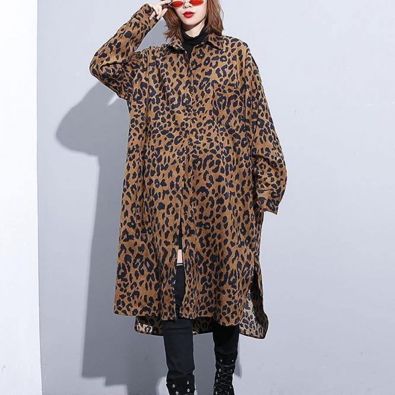 Choklad Leopard Kappa Plus Size Klädklänning Sida Öppen Casual Turn-down Krage Knapp - Choklad Leopard