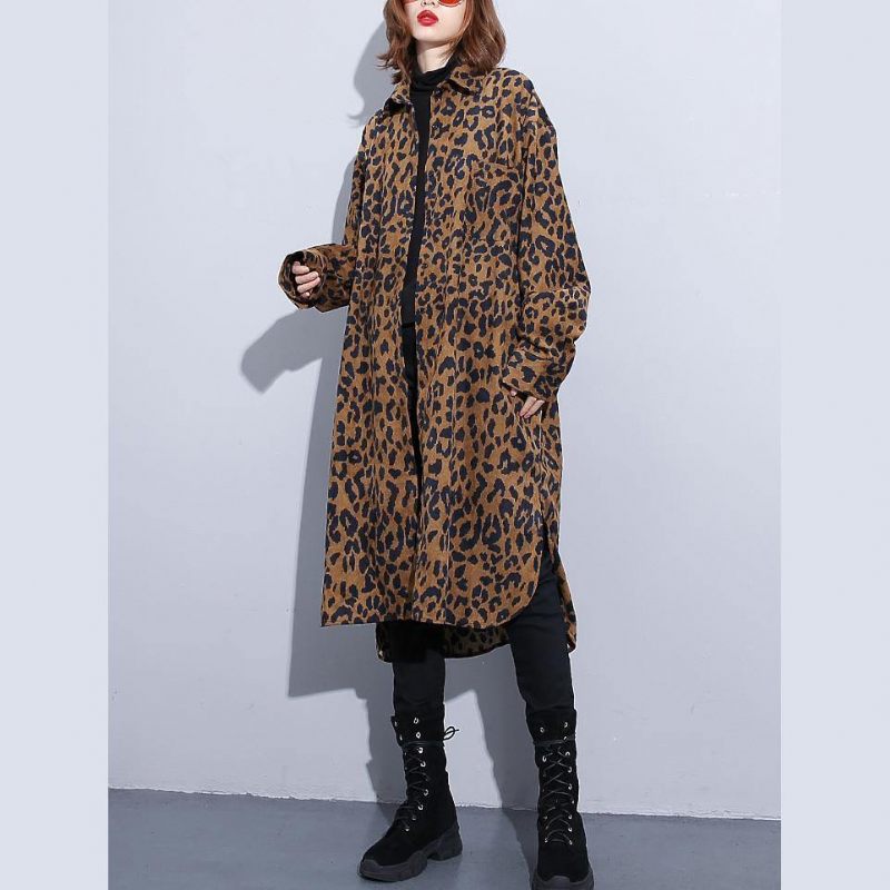 Choklad Leopard Kappa Plus Size Klädklänning Sida Öppen Casual Turn-down Krage Knapp - Choklad Leopard