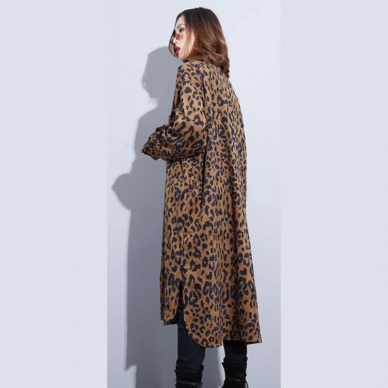 Choklad Leopard Kappa Plus Size Klädklänning Sida Öppen Casual Turn-down Krage Knapp - Choklad Leopard