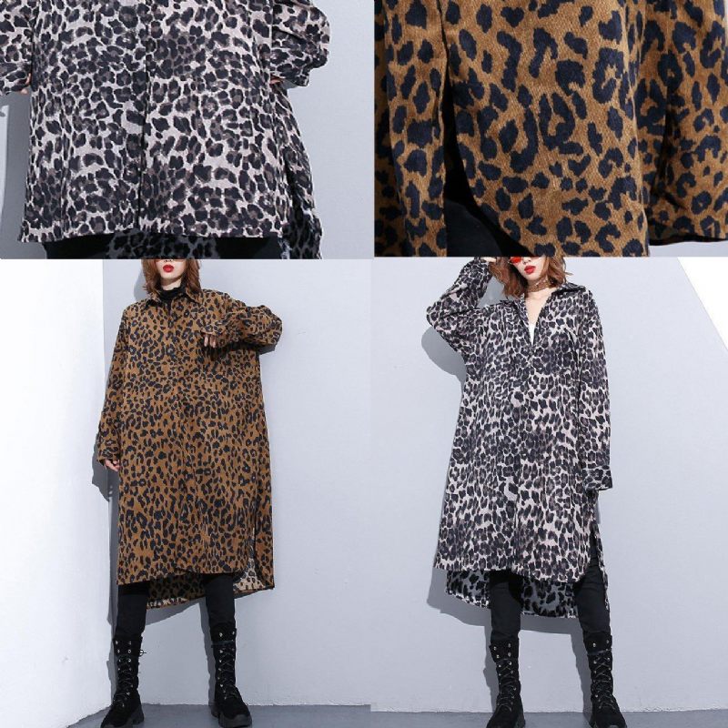 Choklad Leopard Kappa Plus Size Klädklänning Sida Öppen Casual Turn-down Krage Knapp - Choklad Leopard