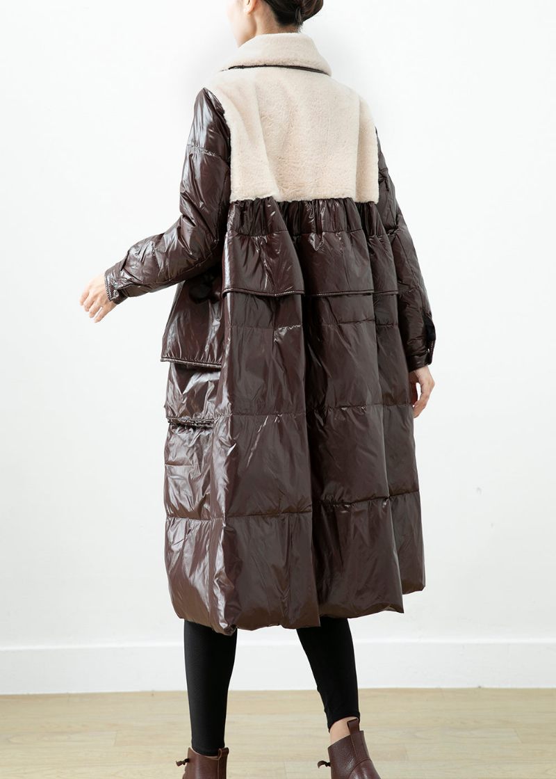 Choklad Patchwork Mink Velvet Duck Down Dunrock Oversized Winter - Dunjackor för kvinnor