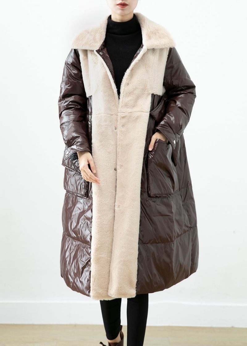 Choklad Patchwork Mink Velvet Duck Down Dunrock Oversized Winter - Dunjackor för kvinnor