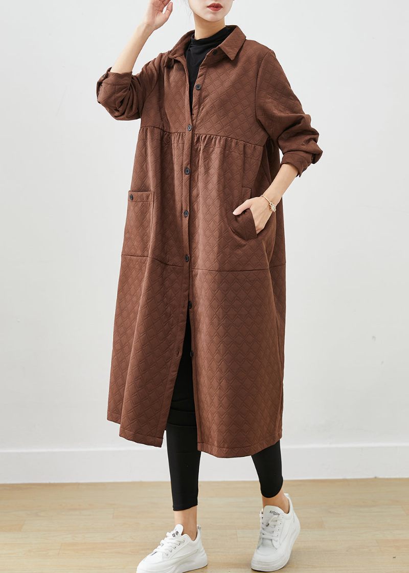 Choklad Patchwork Trenchcoats I Bomull Överdimensionerade Fickor Fall - Trenchcoats för kvinnor