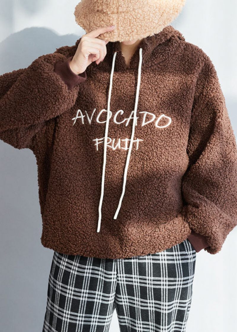 Choklad Tjock Fleece Ull Sweatshirt Streetwear Brev Broderad Vinter - Kaffe