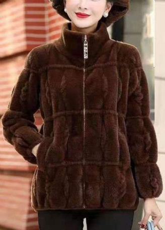 Choklad Varm Mink Hår Stickade Jackor Zip Up Fickor Vinter