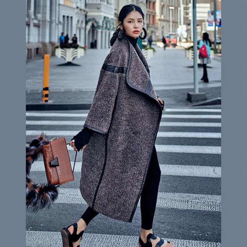 Choklad Wool Coat Plus Size Lång Kappa Fashion Batwing Sleeve Maxi - Trenchcoats för kvinnor