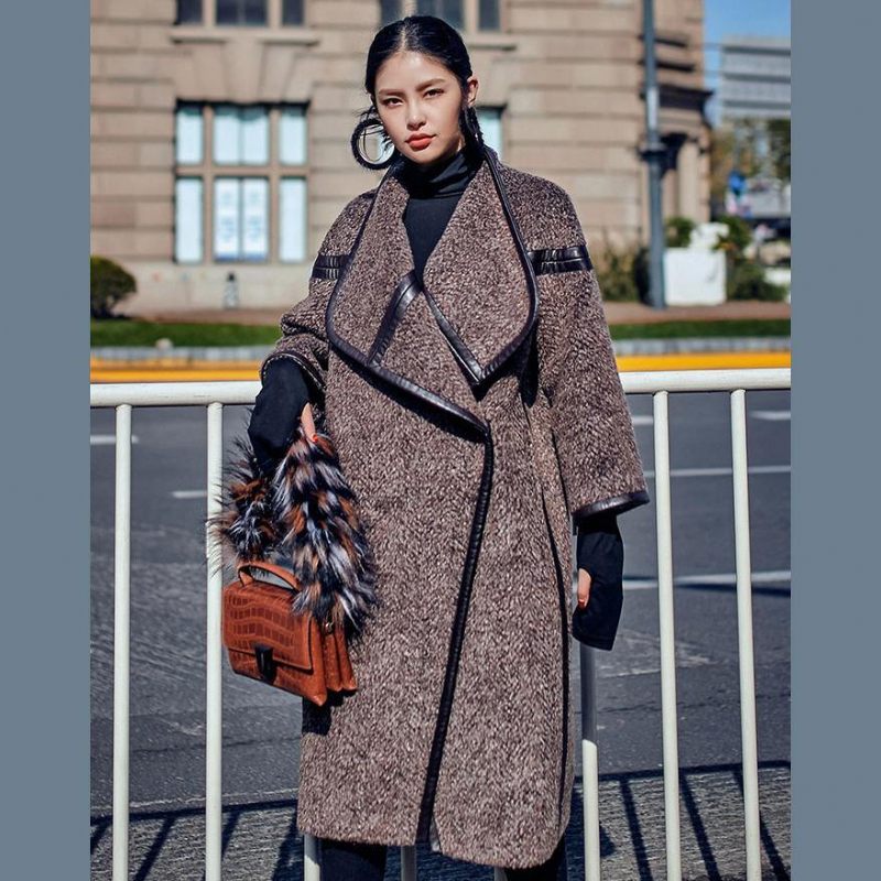 Choklad Wool Coat Plus Size Lång Kappa Fashion Batwing Sleeve Maxi