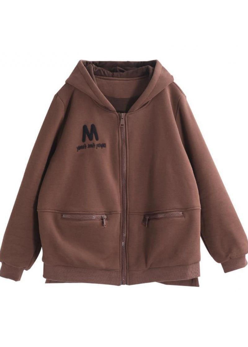 Chokladbroderade Varma Fleecekappor Hooded Zip Up Winter - Kaffe