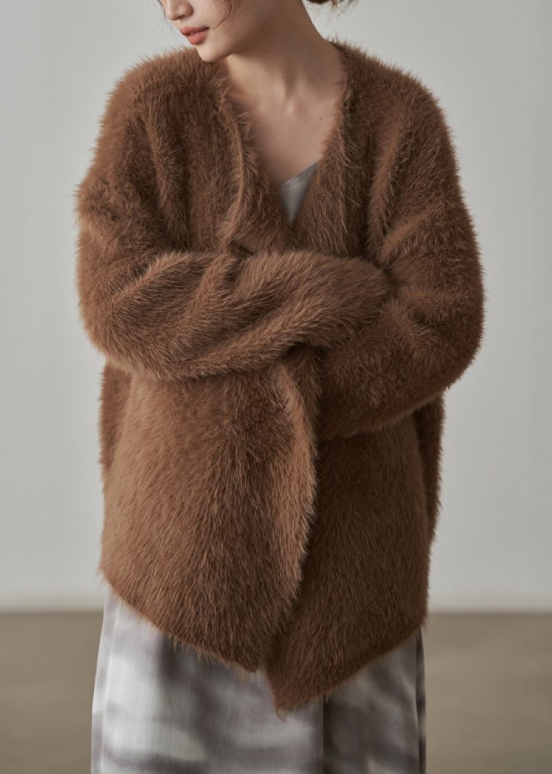 Coffee Chunky Mink Hair Stickad Cardigan V-neck Långärmad