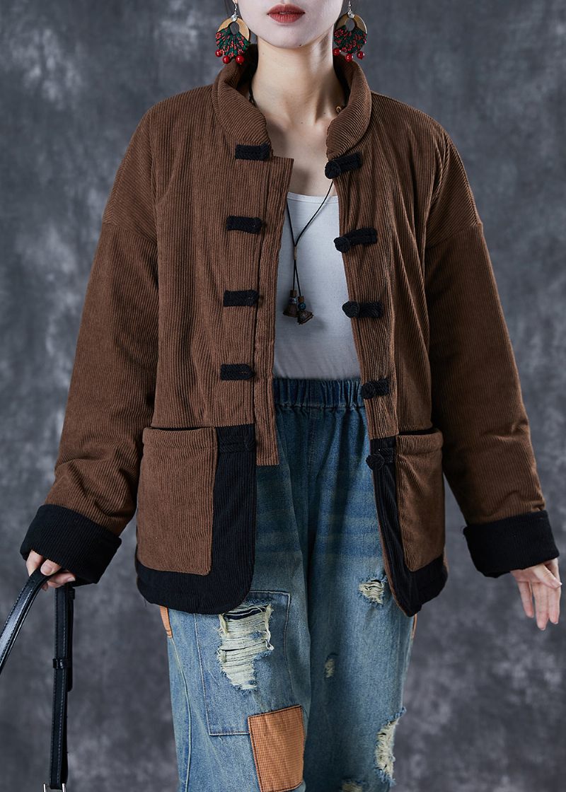 Coffee Patchwork Fin Bomullsfylld Parka Oversized Kinesisk Knapp Vinter