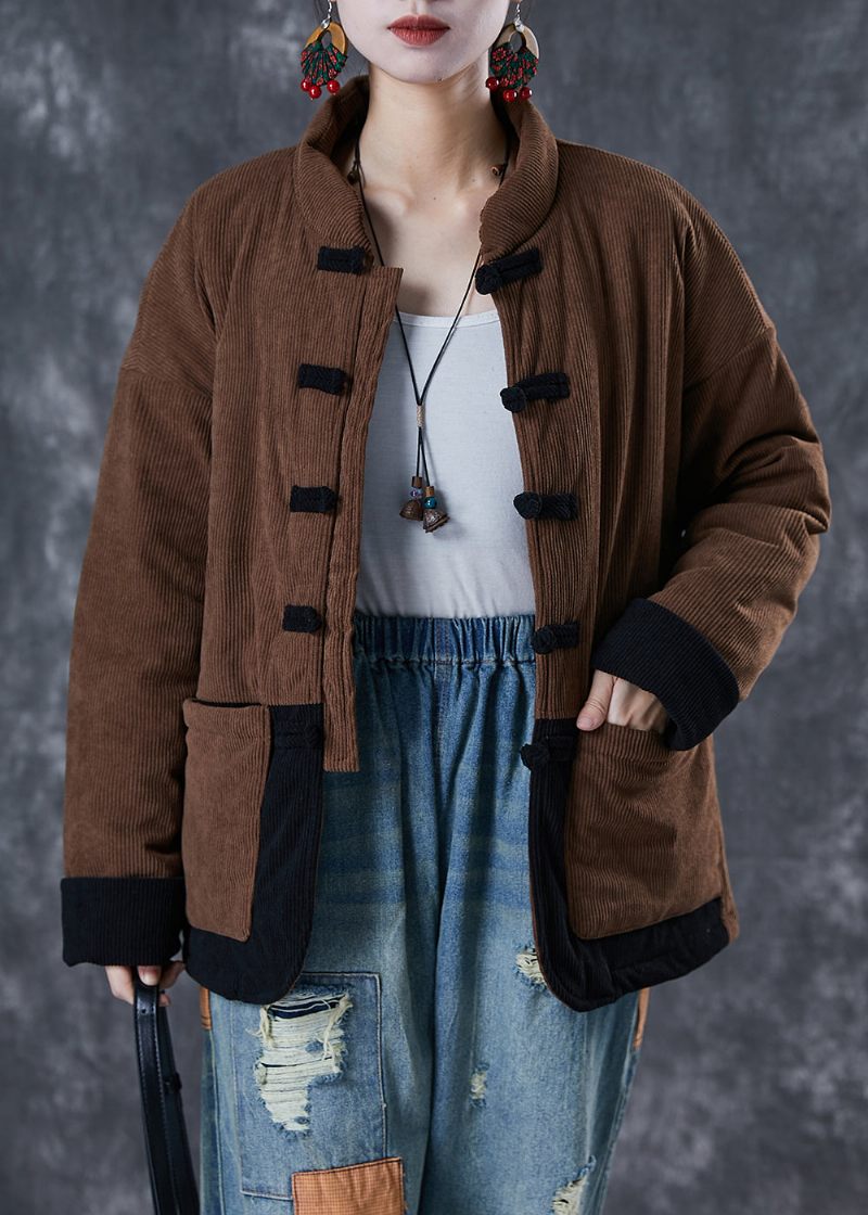 Coffee Patchwork Fin Bomullsfylld Parka Oversized Kinesisk Knapp Vinter - Dunjackor för kvinnor