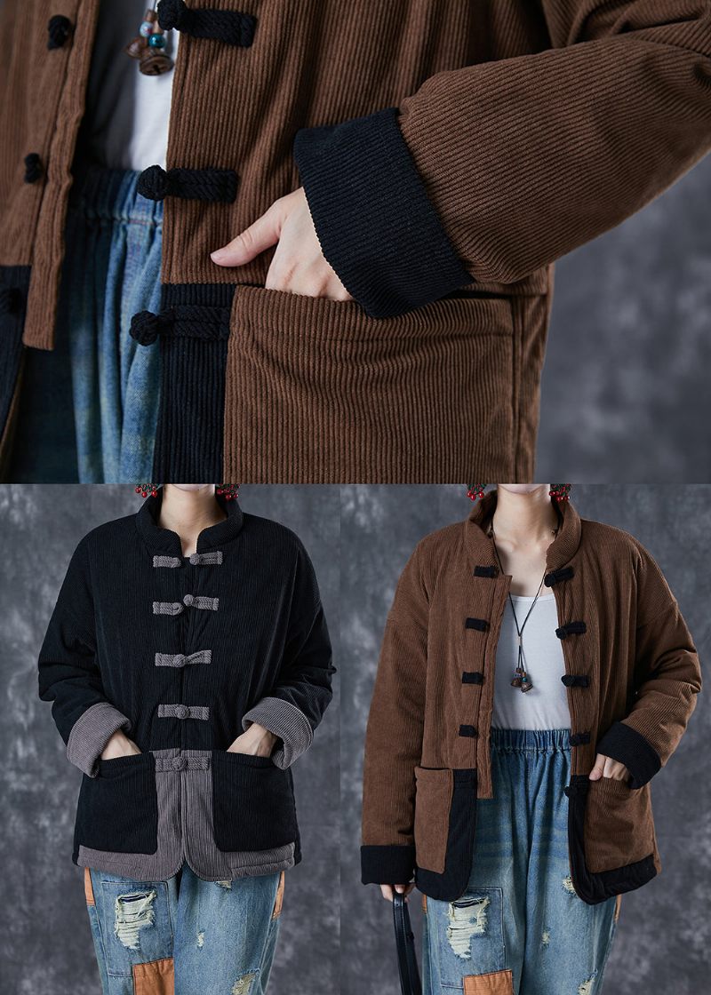 Coffee Patchwork Fin Bomullsfylld Parka Oversized Kinesisk Knapp Vinter - Dunjackor för kvinnor