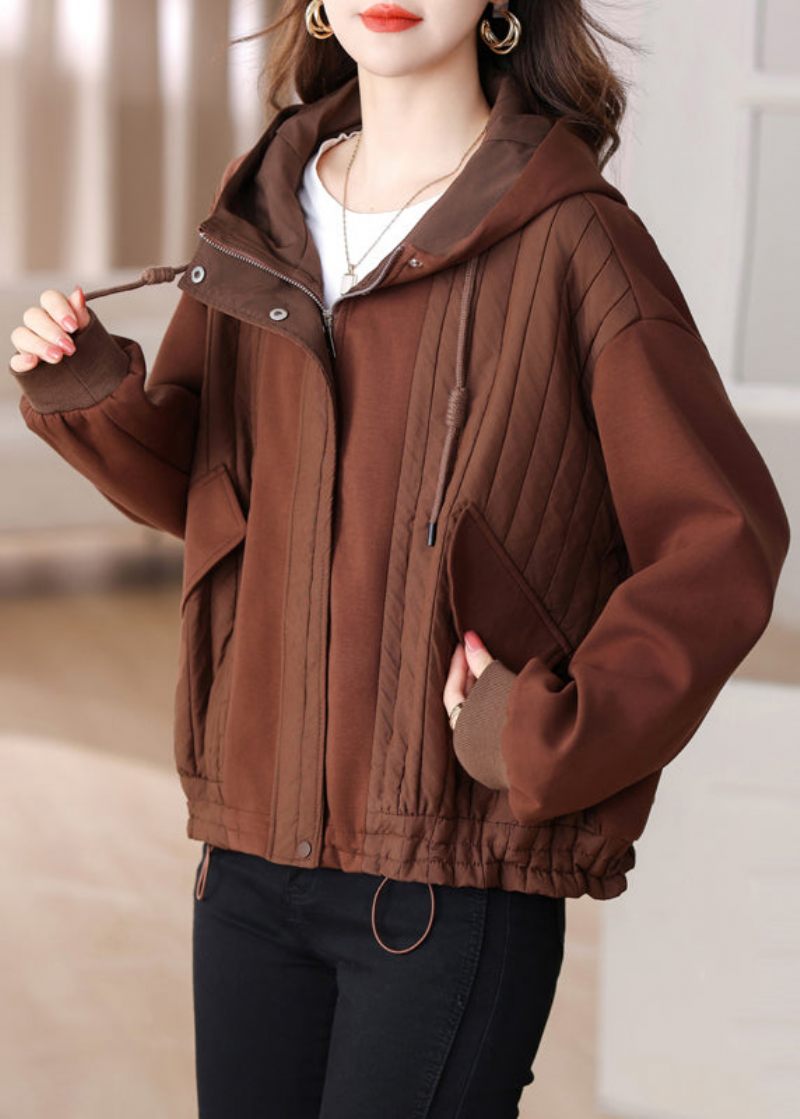 Coffee Patchwork Plus Size Cotton Hoodie Coat Dragsko Vinter