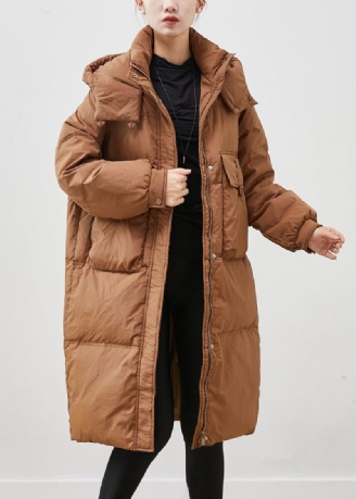 Coffee Warm Duck Down Puffer Jacka Hooded Pockets Winter