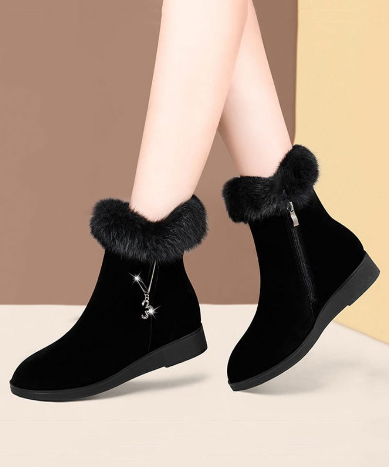 Comfy Warm Wedge Boots Black Fuzzy Wool Fodrad