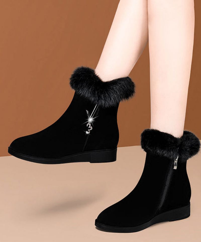 Comfy Warm Wedge Boots Black Fuzzy Wool Fodrad - Ullrockar för kvinnor