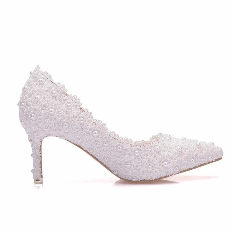 Crystal Queen Pumps Högklackat Kvinnor Bröllopsskor Spets Vita Blommor Pearl Bridal - Vit