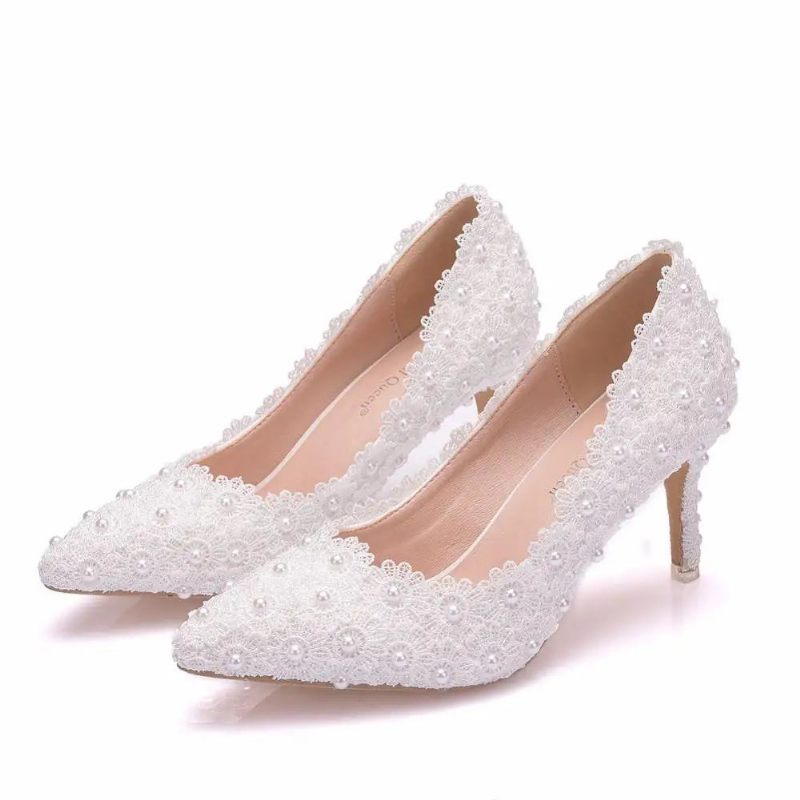 Crystal Queen Pumps Högklackat Kvinnor Bröllopsskor Spets Vita Blommor Pearl Bridal - Vit