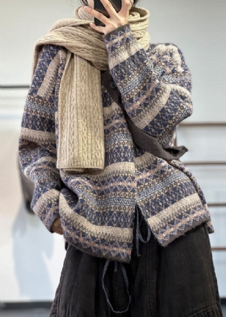 Dam Blå Asymmetrisk Oversized Print Ull Stickad Cardigan Winter