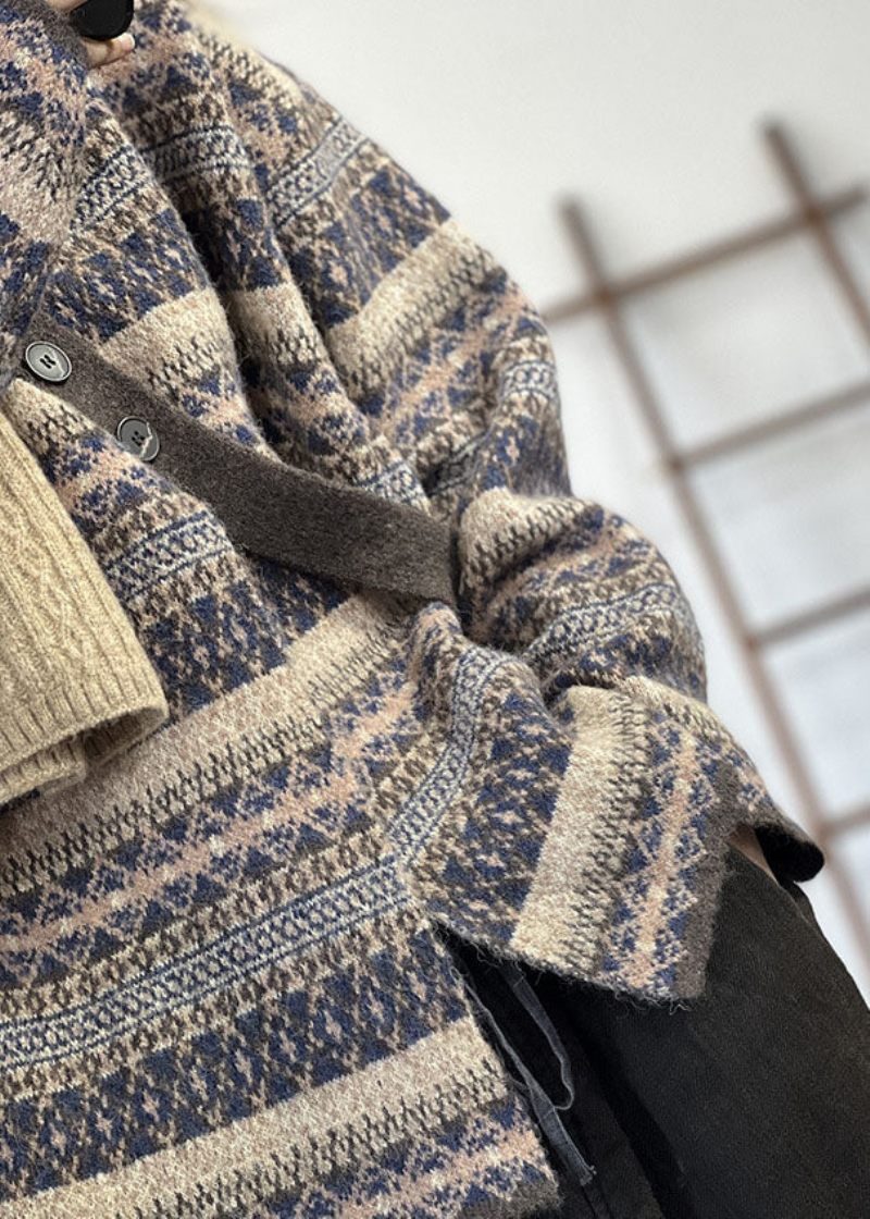 Dam Blå Asymmetrisk Oversized Print Ull Stickad Cardigan Winter - Ullrockar för kvinnor