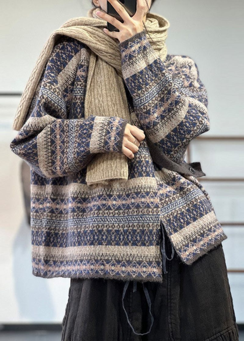 Dam Blå Asymmetrisk Oversized Print Ull Stickad Cardigan Winter - Ullrockar för kvinnor