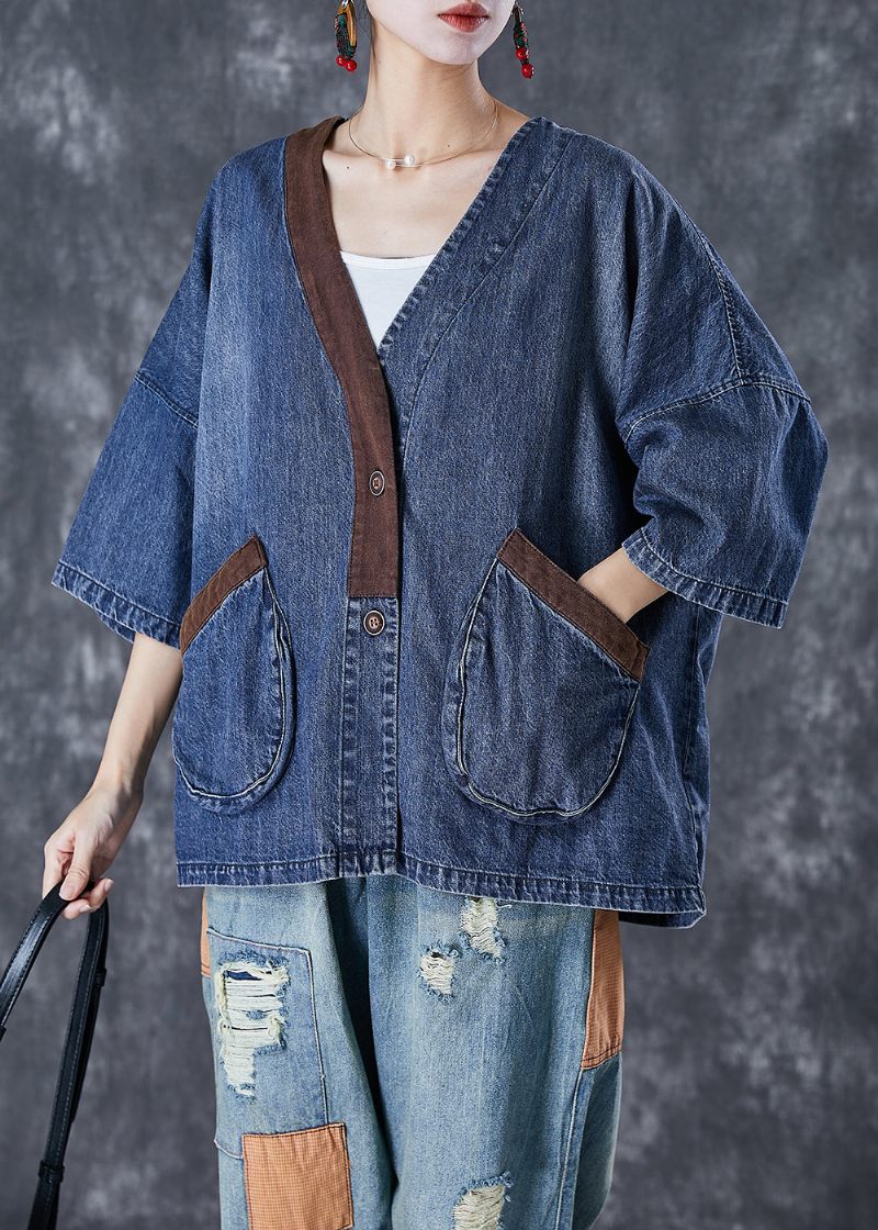 Dam Blå V-hals Patchwork Fickor Denimrockar Sommar