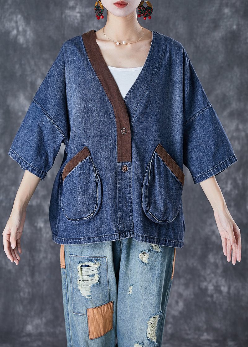 Dam Blå V-hals Patchwork Fickor Denimrockar Sommar - Vinterkappor för kvinnor