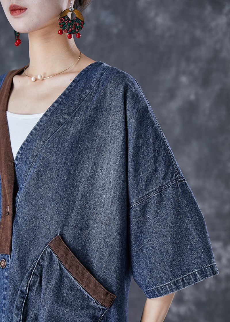 Dam Blå V-hals Patchwork Fickor Denimrockar Sommar - Vinterkappor för kvinnor