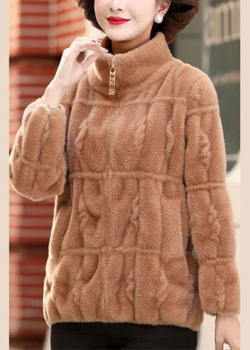 Dam Camel Enfärgad Krage Zip Up Mink Hår Stickade Kappor Vinter - Kamel