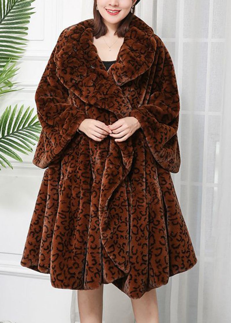 Dam Caramel Oversized Leopard Print Fuzzy Fur Fluffy Jackor Winter - Vinterkappor för kvinnor