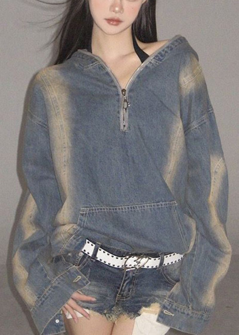 Dam Denim Blå Dragkedja Patchwork Hoodie Coat Fall