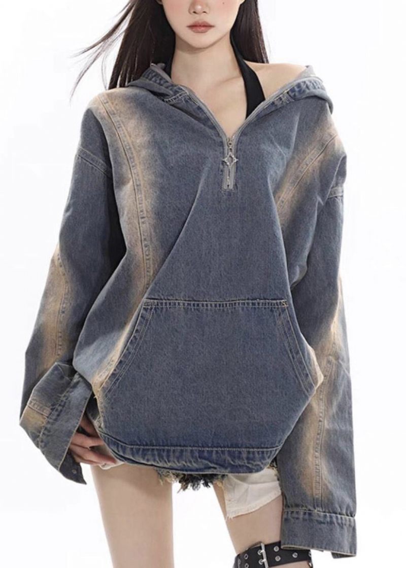 Dam Denim Blå Dragkedja Patchwork Hoodie Coat Fall - Vinterkappor för kvinnor