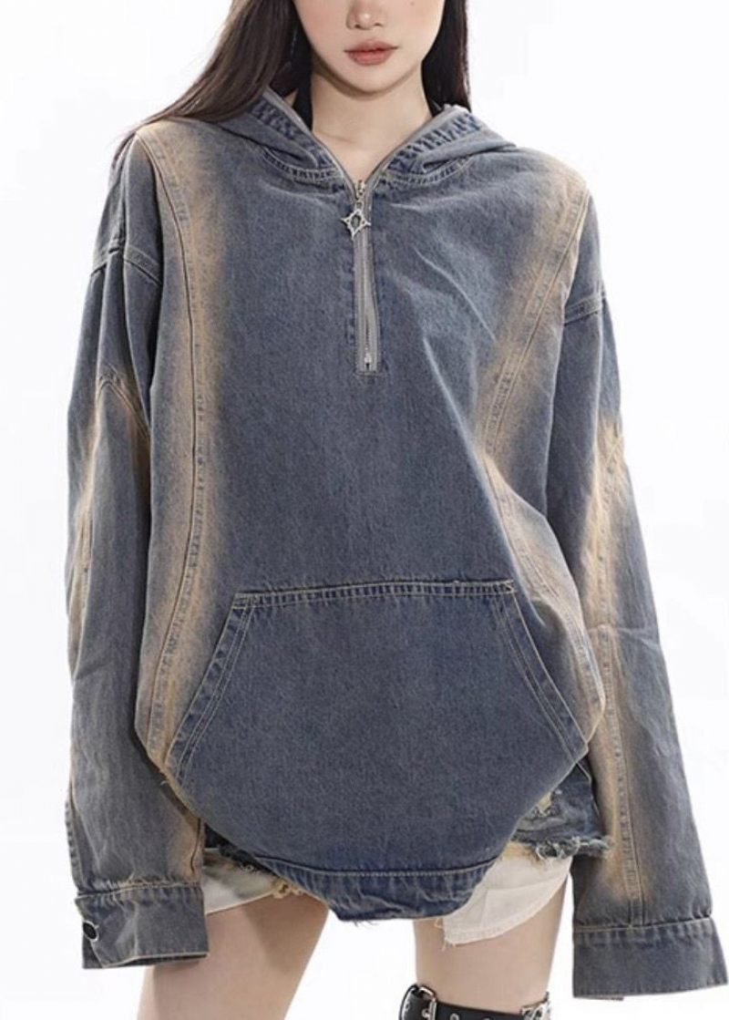 Dam Denim Blå Dragkedja Patchwork Hoodie Coat Fall - Vinterkappor för kvinnor