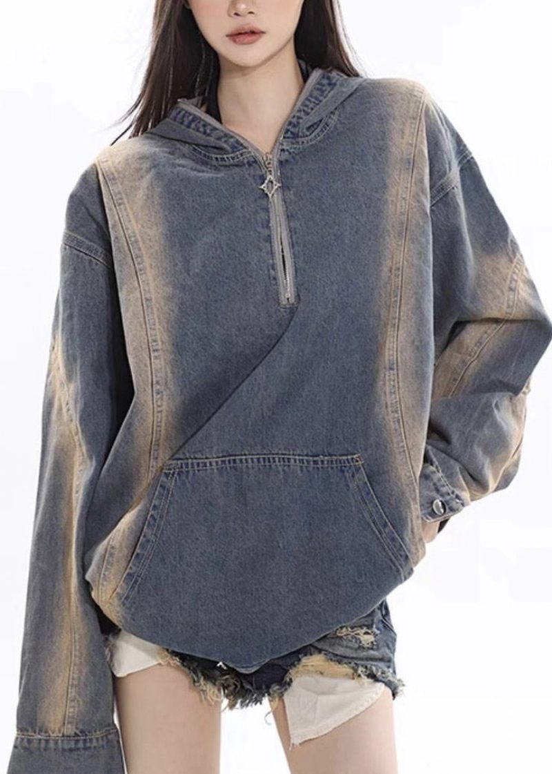 Dam Denim Blå Dragkedja Patchwork Hoodie Coat Fall - Vinterkappor för kvinnor