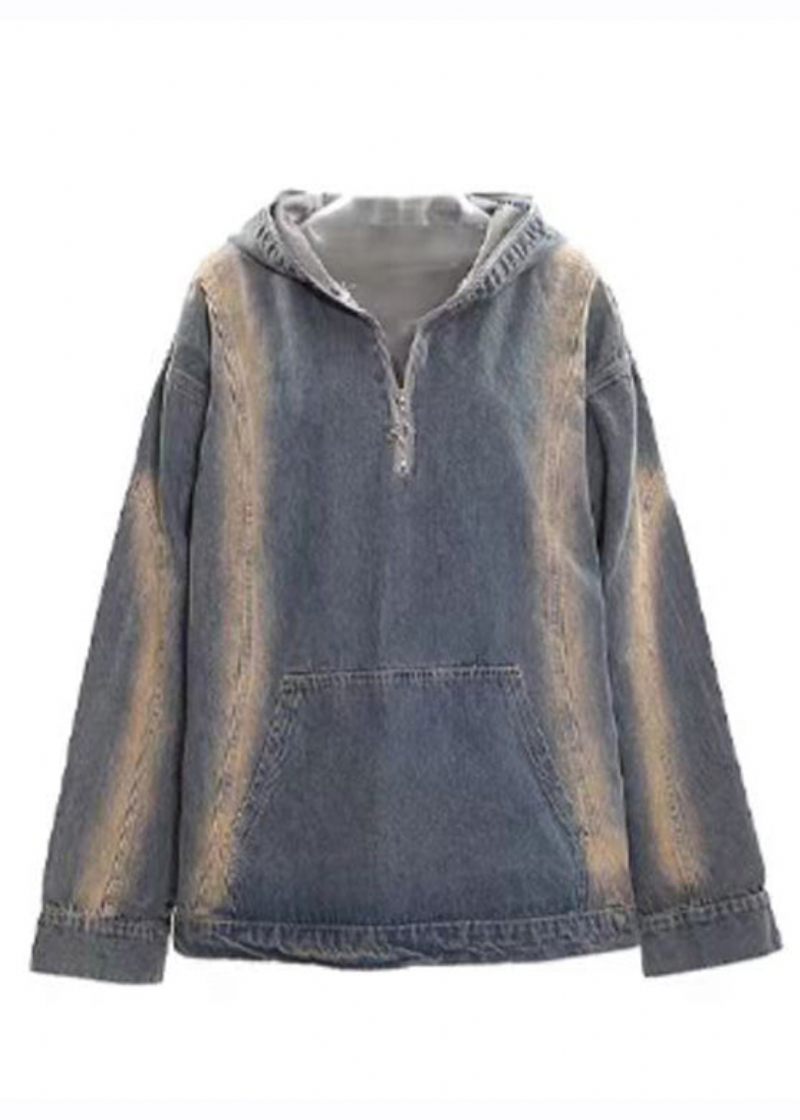 Dam Denim Blå Dragkedja Patchwork Hoodie Coat Fall - Vinterkappor för kvinnor