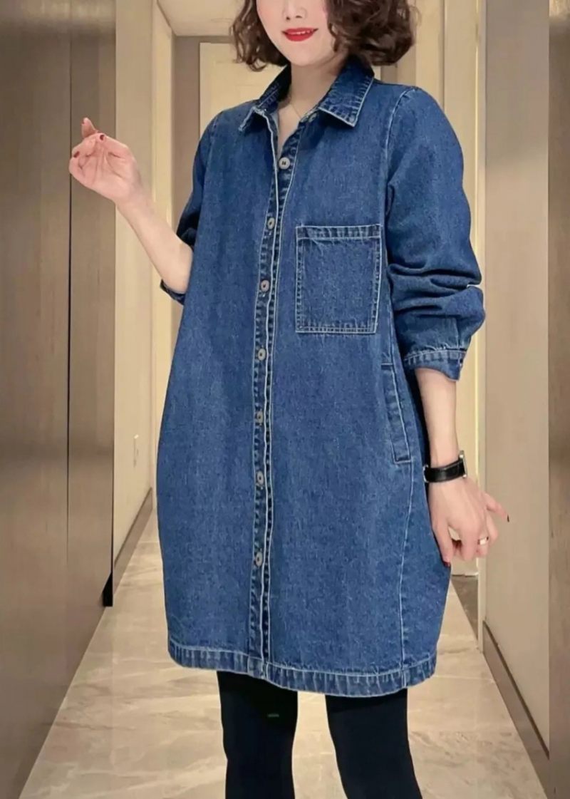 Dam Denim Blå Fickor Patchwork Button Coat Fall