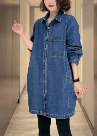 Dam Denim Blå Fickor Patchwork Button Coat Fall